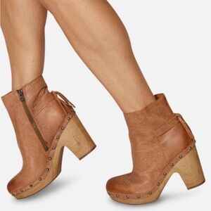 Kork-Ease Cognac Leather Studded Wooden-Platform Ankle Booties